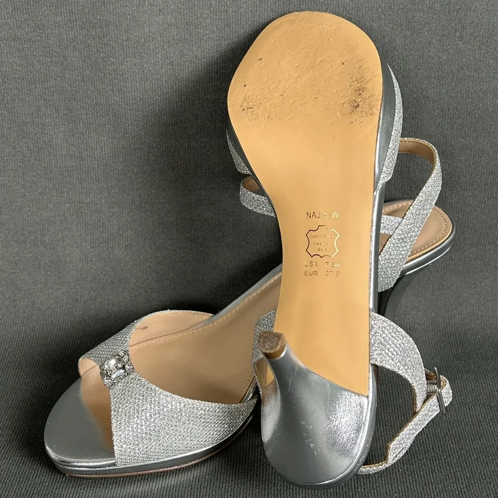 Nina Najia Silver Glitter Ankle Strap Heeled Sandals 7.5W Crystal Buckle Formal‎